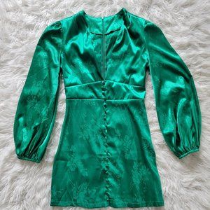 Emerald Silk Long Sleeve Balloon Sleeve Mini Dress